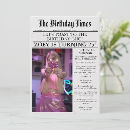 新聞ユニークおもしろい写真25th誕生日パーティー 招待状 (スタンド正面)