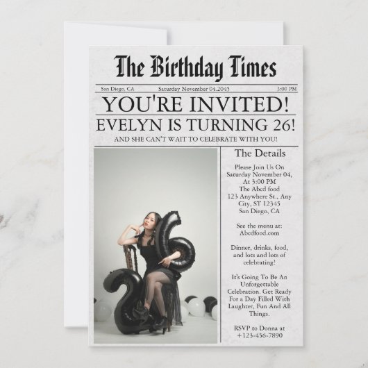 新聞ユニークおもしろい写真26th誕生日パーティー 招待状 (正面)
