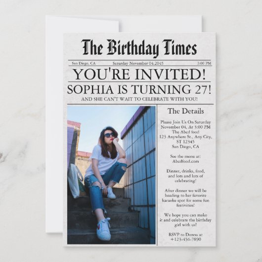新聞ユニークおもしろい写真27th誕生日パーティー 招待状 (正面)