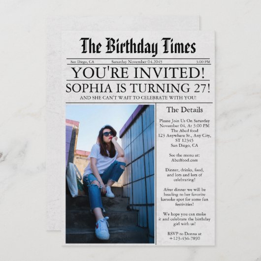 新聞ユニークおもしろい写真27th誕生日パーティー 招待状 (正面/裏面)