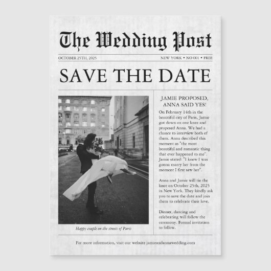 新聞ユニークおもしろい写真Save the Date 結婚's マグネット招待状 (正面)
