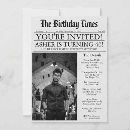 新聞ユニークおもしろい40th誕生日フォトパーティー 招待状 (正面)