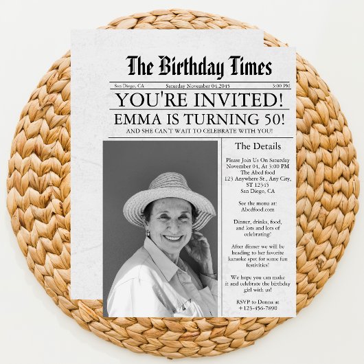 新聞ユニークおもしろい50th誕生日写真パーティー 招待状