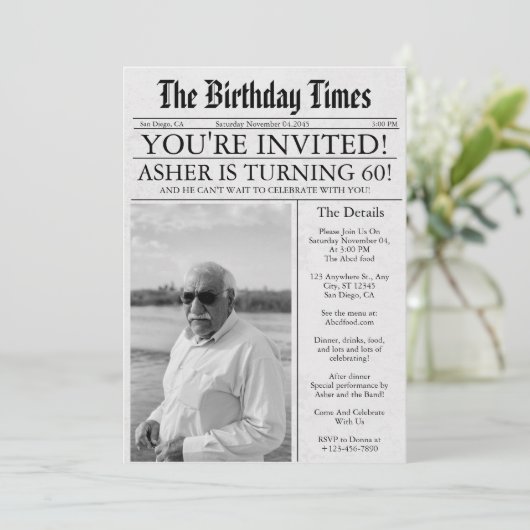 新聞ユニークおもしろい60th誕生日写真パーティー 招待状 (スタンド正面)