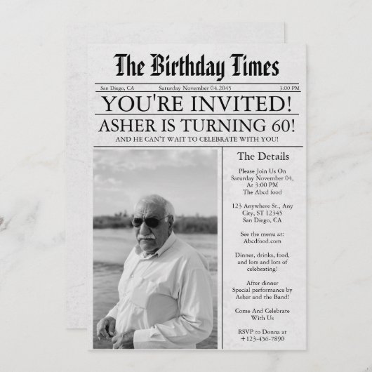 新聞ユニークおもしろい60th誕生日写真パーティー 招待状 (正面/裏面)