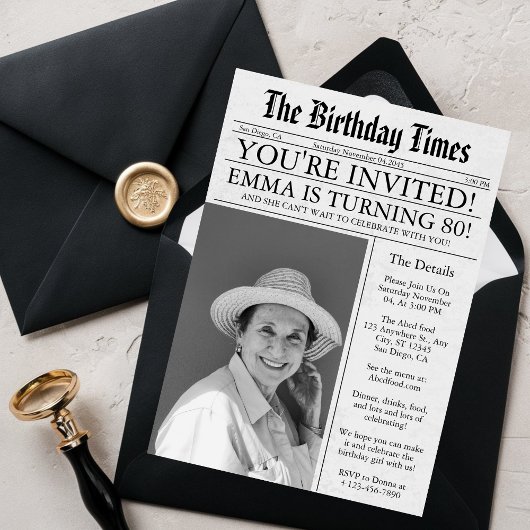 新聞ユニークおもしろい80th誕生日写真パーティー 招待状