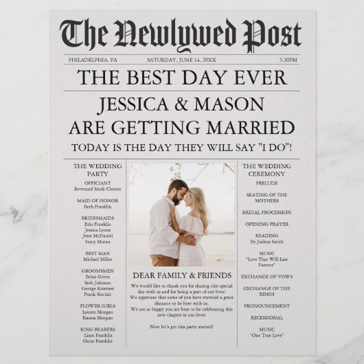 新聞ユニークのタイムラインと結婚式 プログラム チラシ (正面)