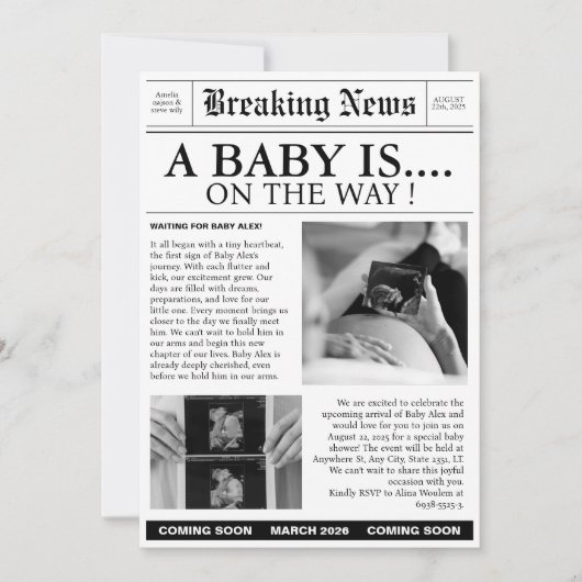 新聞ユニークの赤ちゃんシャワー 招待状 (正面)