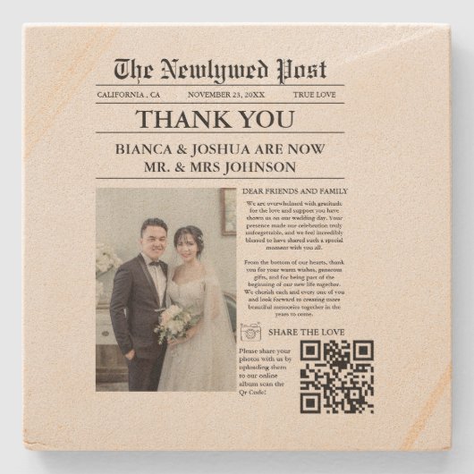 新聞ユニーク写真結婚有難う ストーンコースター (正面)