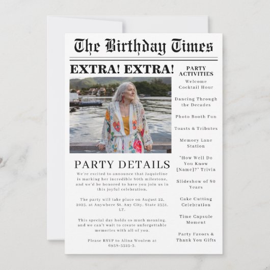 新聞ユニーク第80誕生日写真招待状 招待状 (裏面)