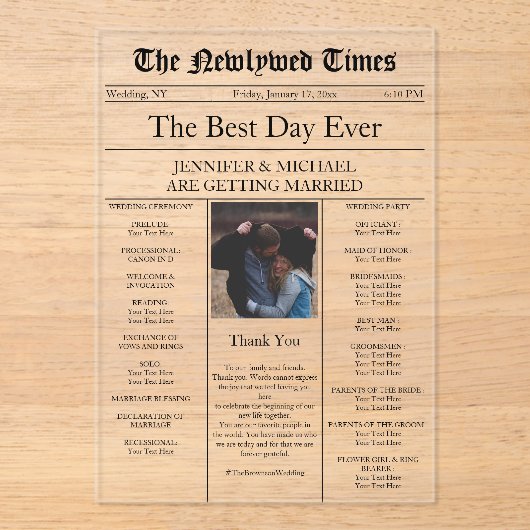 新聞伝統的ヴィンテージ結婚式 アクリル招待状 (正面)