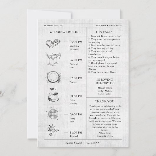 新聞写真結婚式 プログラムのタイムライン 招待状 (裏面)