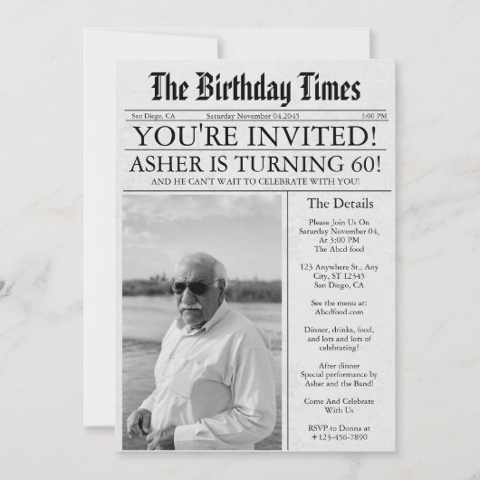 新聞掲載 ユニーク ファン 60歳 誕生日 写真 パーティー 招待状 (正面)