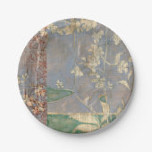 新聞用紙の背景に白い花 ペーパープレート (正面)