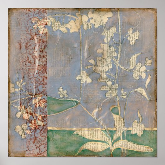 新聞用紙の背景に白い花 ポスター (正面)