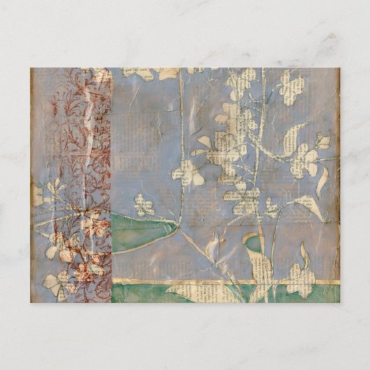 新聞用紙の背景に白い花 ポストカード (正面)