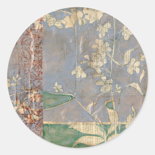 新聞用紙の背景に白い花 ラウンドシール (正面)