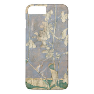 新聞用紙の背景に白い花 iPhone 8 PLUS/7 PLUSケース