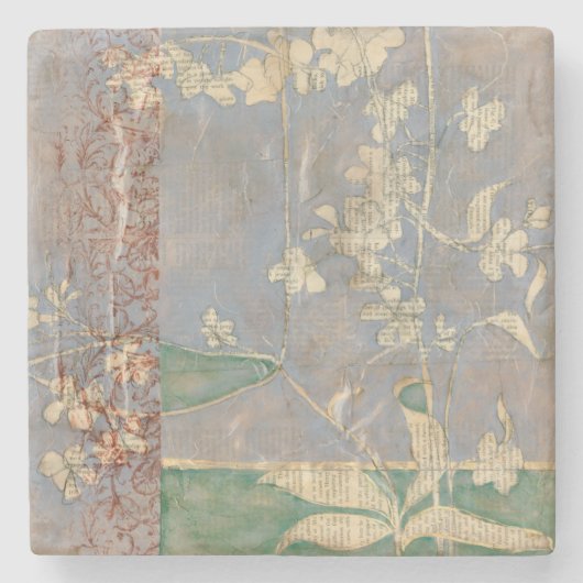 新聞用紙の背景の白い花 ストーンコースター (正面)