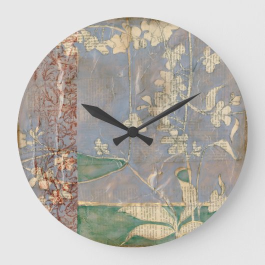 新聞用紙の背景の白い花 ラージ壁時計 (正面)