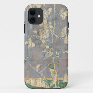 新聞用紙の背景の白い花 iPhone 11 ケース