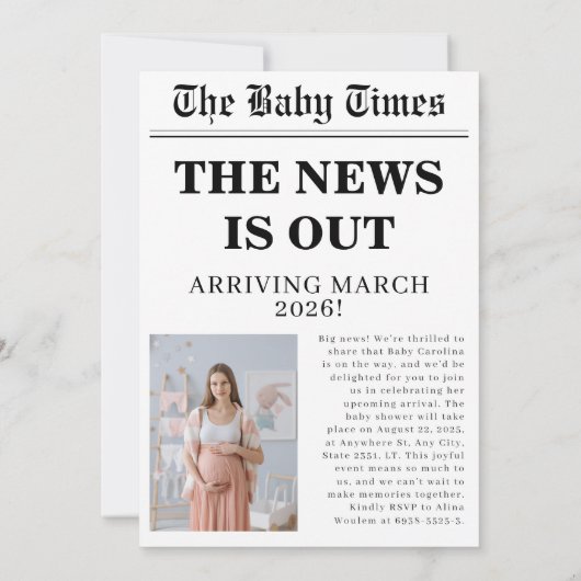 新聞男女兼用の赤ちゃんシャワー 招待状 (裏面)