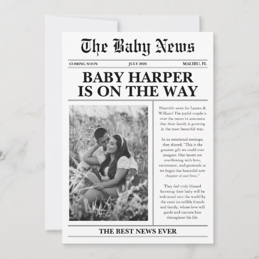 新聞紙の赤ちゃん出産予告 招待状 (正面)