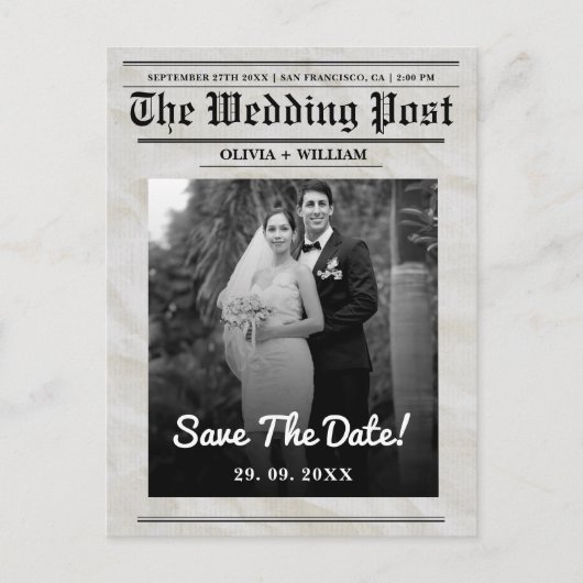 新聞結婚のヴィンテージエレガントが日付を保存 ポストカード (正面)