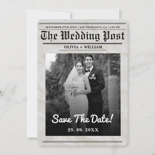 新聞結婚のヴィンテージエレガントが日付を保存 招待状 (正面)