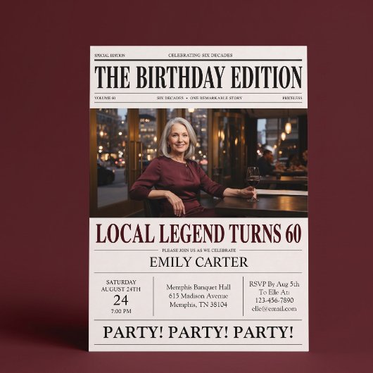 新聞見出しでお祝い 60歳の誕生日パーティー 招待状