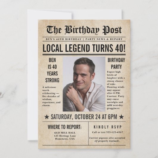 新聞誕生日ニューおもしろいスユーモアのあるメンズ40th 招待状 (正面)