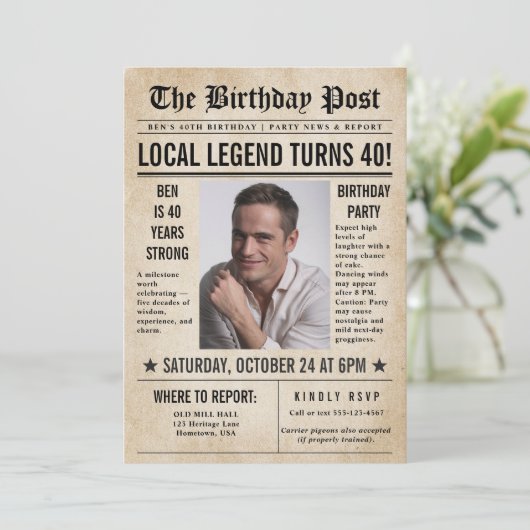 新聞誕生日ニューおもしろいスユーモアのあるメンズ40th 招待状 (スタンド正面)