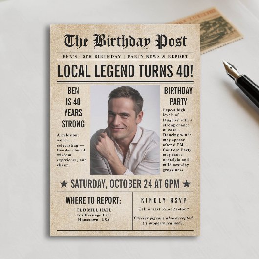 新聞誕生日ニューおもしろいスユーモアのあるメンズ40th 招待状