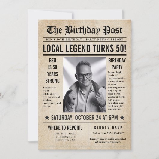 新聞誕生日ニューおもしろいスユーモアのあるメンズ50th 招待状 (正面)