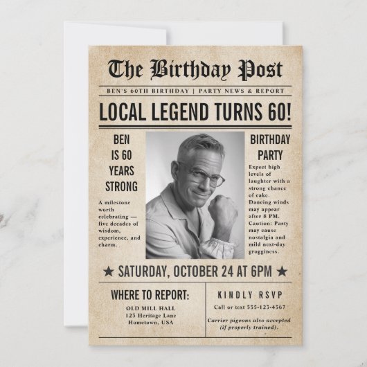 新聞誕生日ニューおもしろいスユーモアのあるメンズ60th 招待状 (正面)