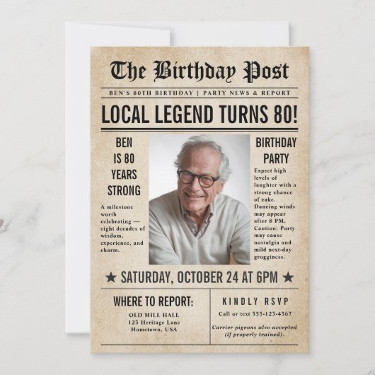 新聞誕生日ニューおもしろいスユーモアのあるメンズ80th 招待状 (正面)