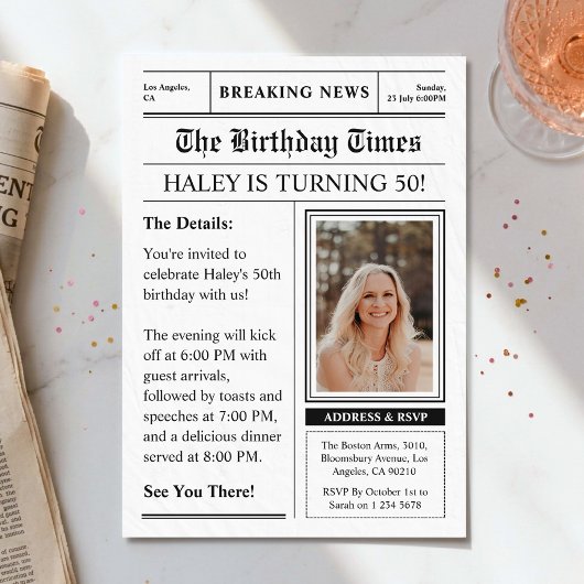 新聞風の面白い雑誌の表紙の写真 50歳の誕生日 招待状