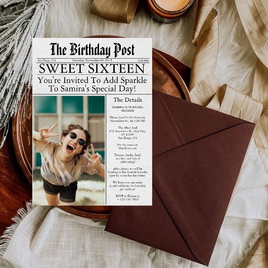 新聞風ユニークなスイートシックスティーン誕生日フォト 招待状