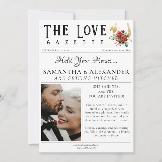 新聞風ユニークなチックフォト Save the Date ウェディング 招待状 (正面)