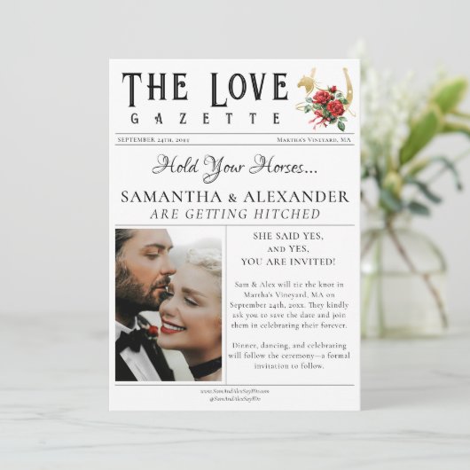 新聞風ユニークなチックフォト Save the Date 結婚式 招待状 (スタンド正面)