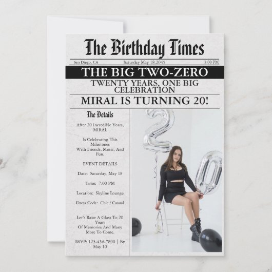新聞風ユニークなフォトガールの20歳の誕生日 招待状 (正面)