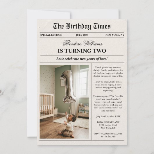 新聞風ユニークなフォト 2歳の誕生日パーティー 招待状 (正面)