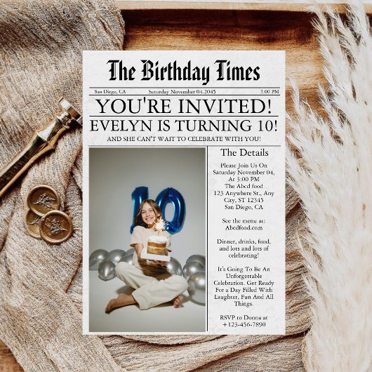新聞風ユニークな楽しい写真 10歳の誕生日パーティー 招待状