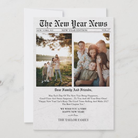 新聞風ユニークな楽しい写真 2025年 新年 カード (正面)