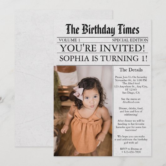 新聞風ユニークな1歳の誕生日パーティー 招待状 (正面/裏面)