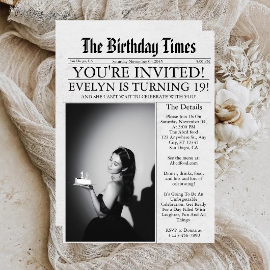 新聞風ユニークな19歳の誕生日パーティー 招待状