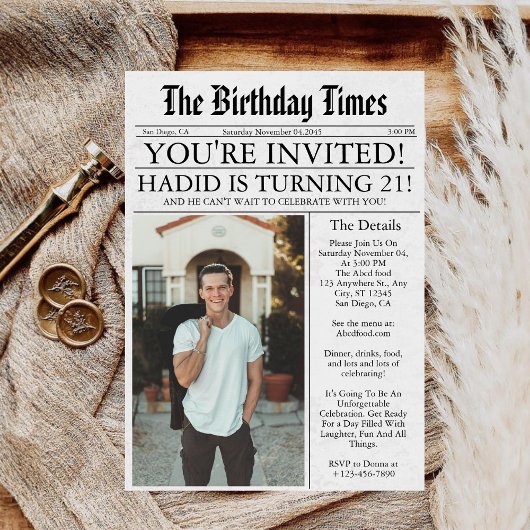 新聞風ユニークな21歳の誕生日パーティー 招待状
