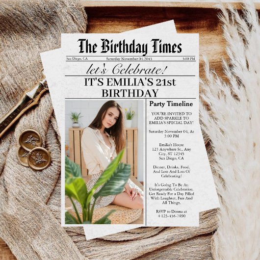 新聞風ユニークな21歳の誕生日パーティー 招待状