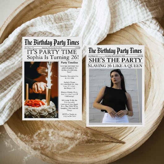 新聞風ユニークな26歳の誕生日パーティー 招待状