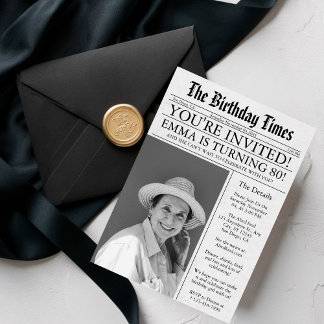 新聞風ユニークな80歳の誕生日フォトパーティー 招待状